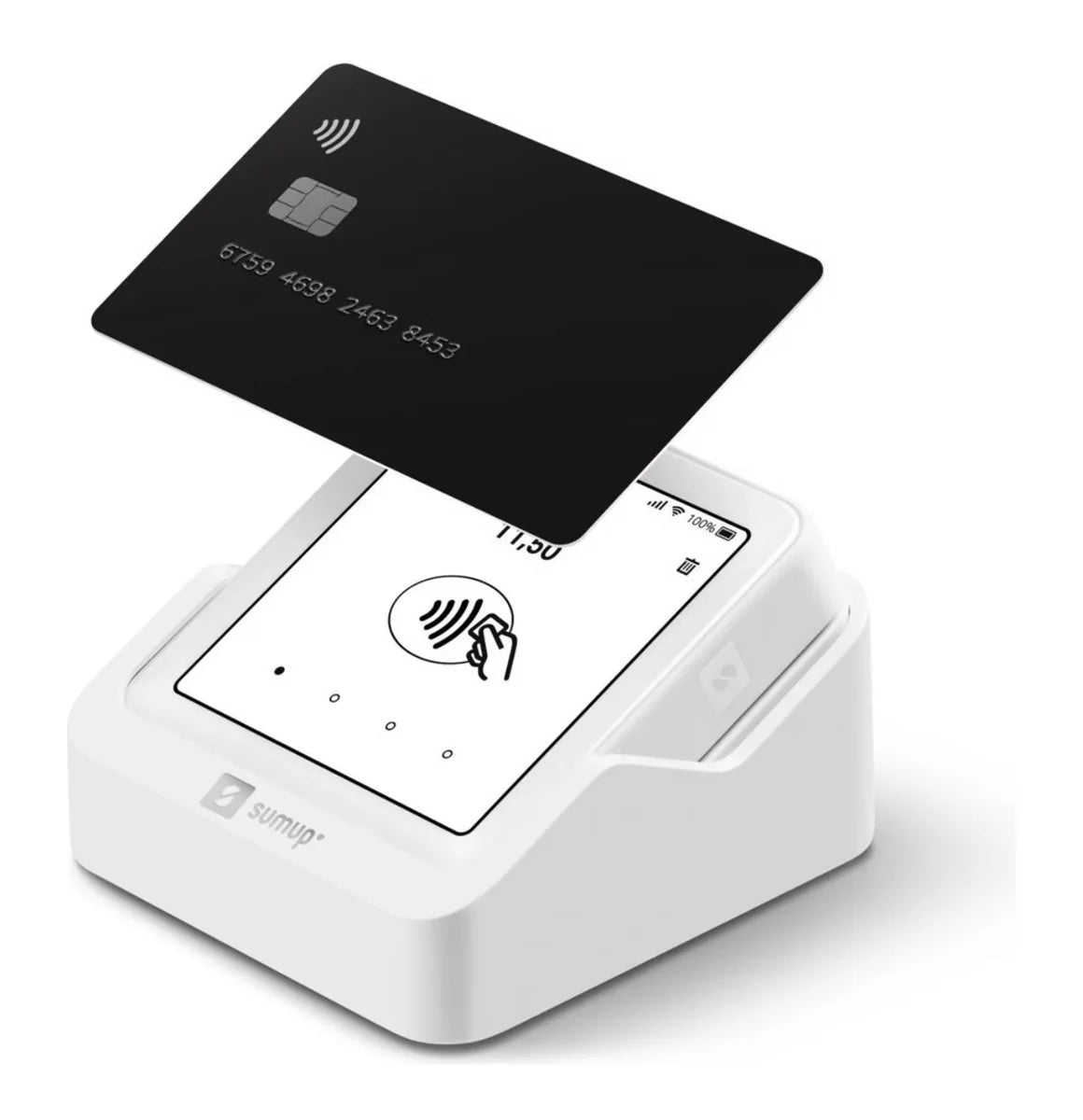 Une carte bancaire approche du terminal Solo posé sur sa base