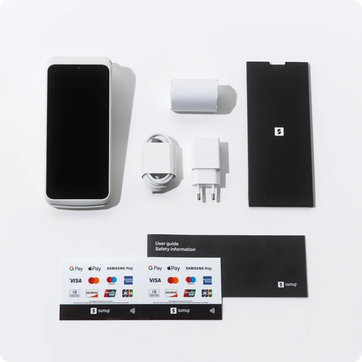 What is in the SumUp Terminal box: terminal, charging base, cable, paper rolls and stickers